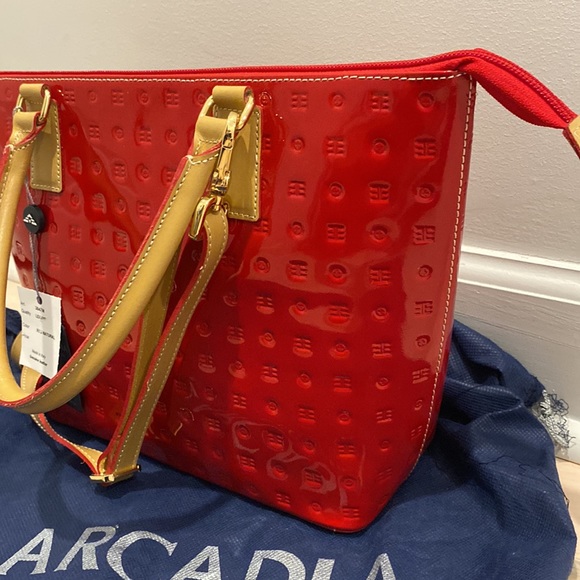 Arcadia red tan trim satchel shoulder bag - Picture 3 of 14